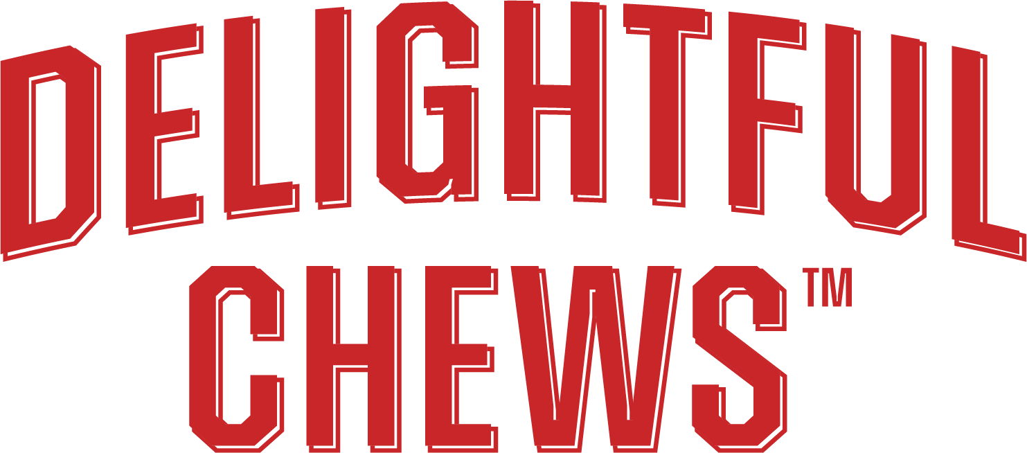 Delightful Chews logo in red with shadows on a transparent background