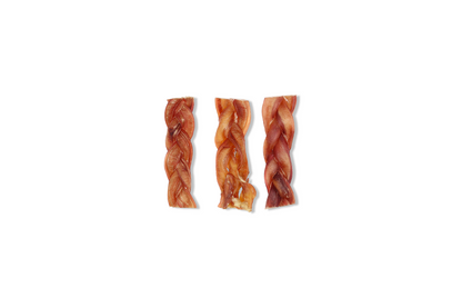 Three Premium 6 inch US-grown beef dog chew, Braided Bully Stick